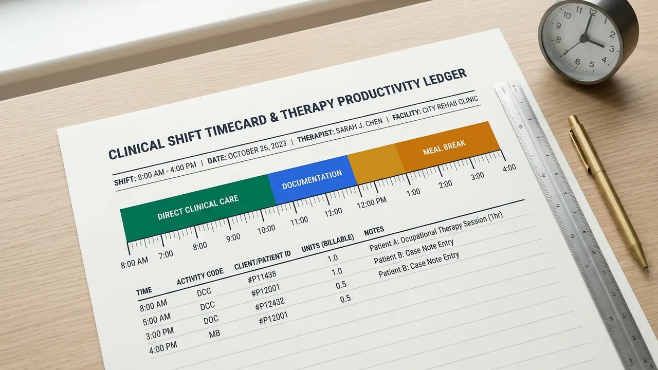 Clinical Shift Timecard and Daylight Billing Ledger Diagram showing Net Worked Time, Direct Billable Patient Care, Documentation Cushion, and Exact Reverse Clock-Out